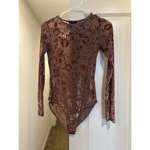Forever 21 Mauve Bodysuit With Velvet And Sheer Floral Details, Size S
